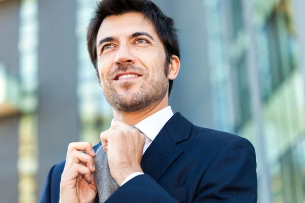 Businessman adjusting his necktie — Stock Photo, Image