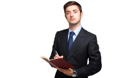 Gülümseyen adam defter üzerinde yazma