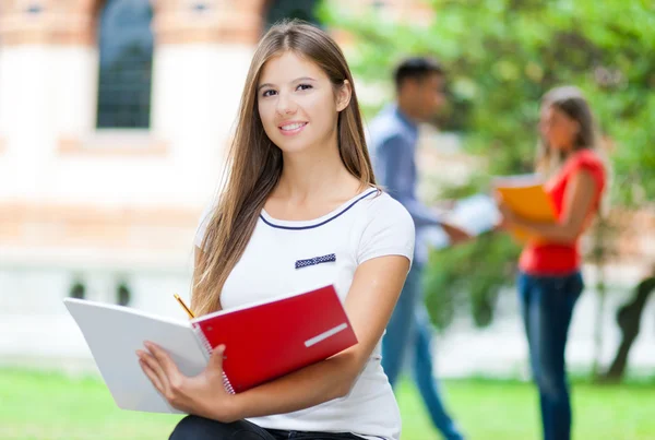 Female student in front of school — Stock Photo, Image