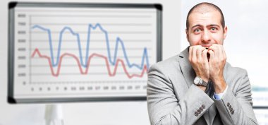 Terrified businessman due to company graphs dropping down clipart