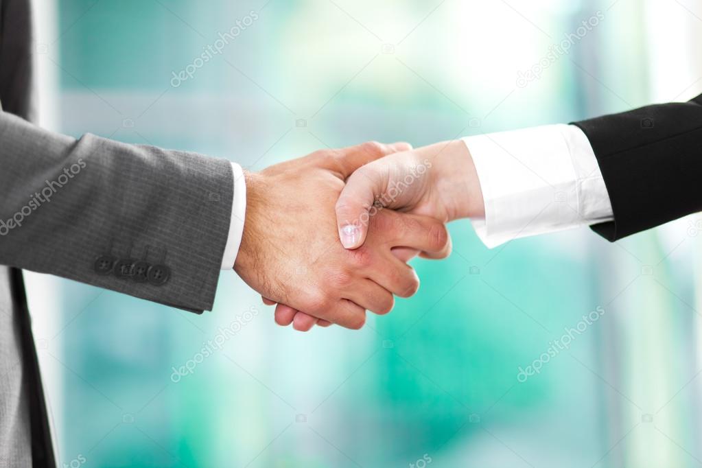 Businessman and businesswoman handshaking