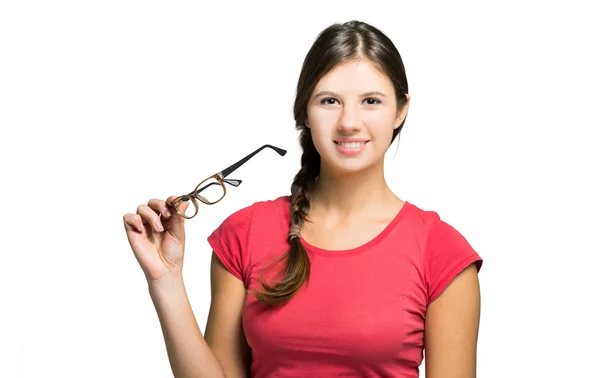 Woman holding eyeglasses — Stock Photo, Image