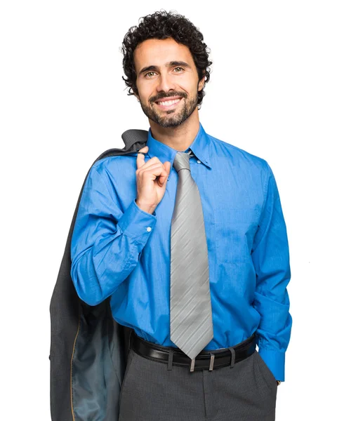 Leende affärsman håller sin jacka — Stockfoto