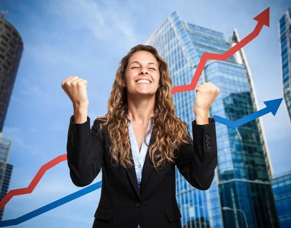 Happy businesswoman and rising arrow — Stock Photo, Image