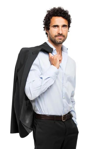 Smiling businessman holding jacket — Stock Photo, Image