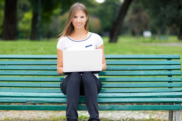 Kobieta korzysta z laptopa w parku — Zdjęcie stockowe