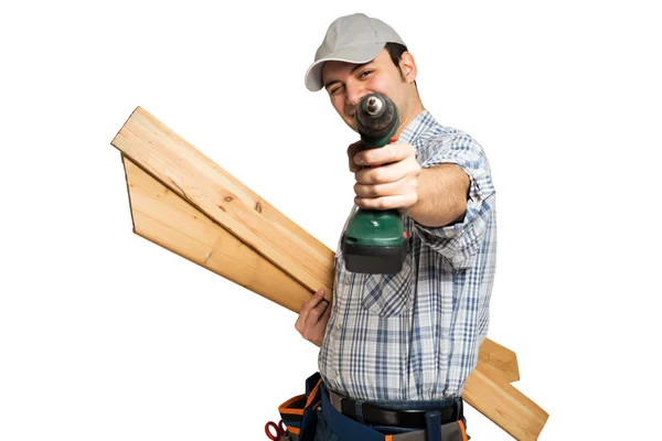 Carpenter holding wood planks — Stock Photo, Image