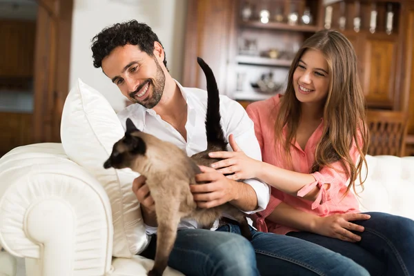 Couple playing with their cat