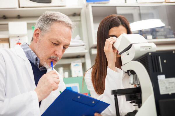 Scientists using a microscope