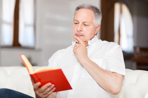 Homem lendo um livro no sofá — Fotografia de Stock