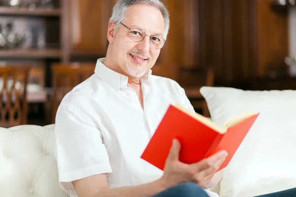 Uomo lettura libro sul divano — Foto Stock