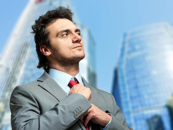 Businessman adjusting necktie — Stock Photo, Image