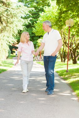 Olgun çift parkta yürüyüş