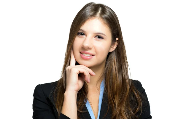 Pensive woman with hand on chin — Stock Photo, Image