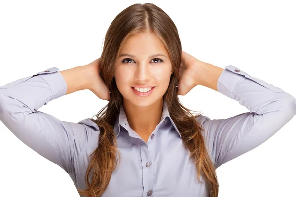 Smiling woman holding her hair — Stock Photo, Image