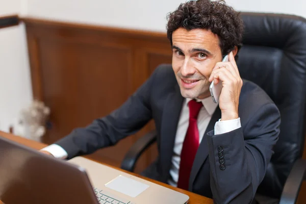 Homem de negócios usando laptop falando no telefone — Fotografia de Stock