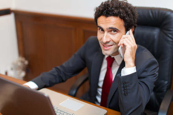 businessman using laptop talking on phone