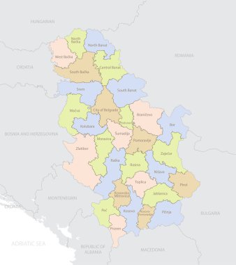 Sırbistan 'ın Avrupa' daki konum haritası, ülkenin idari bölümleri ve ayrıntılı vektör illüstrasyonu