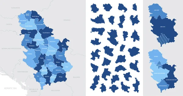 Подробная Синяя Карта Сербии Административными Единицами Крупные Города Белом Фоне — стоковый вектор