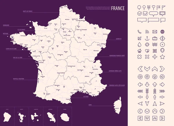 Детальная Карта Франции Административным Делением Темном Фоне Большие Города Страны — стоковый вектор