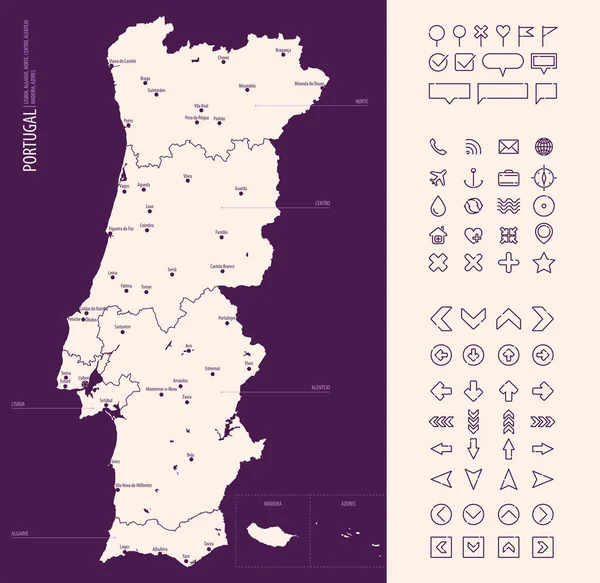 Подробная Карта Португалии Административным Делением Темном Фоне Большие Города Страны — стоковый вектор