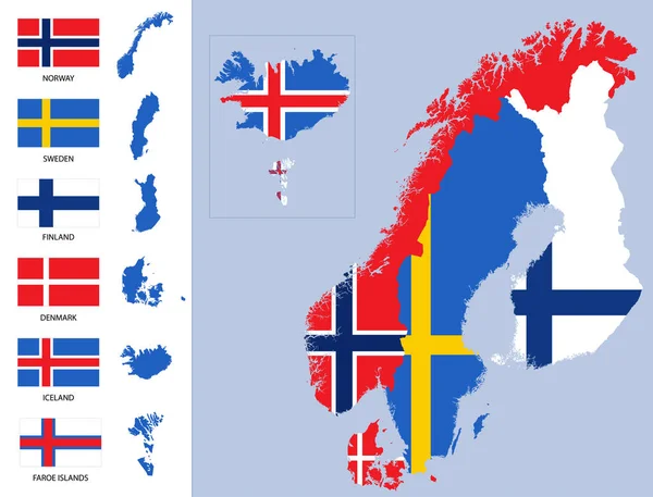 Детальная Карта Скандинавии Силуэтами Флагами — стоковый вектор