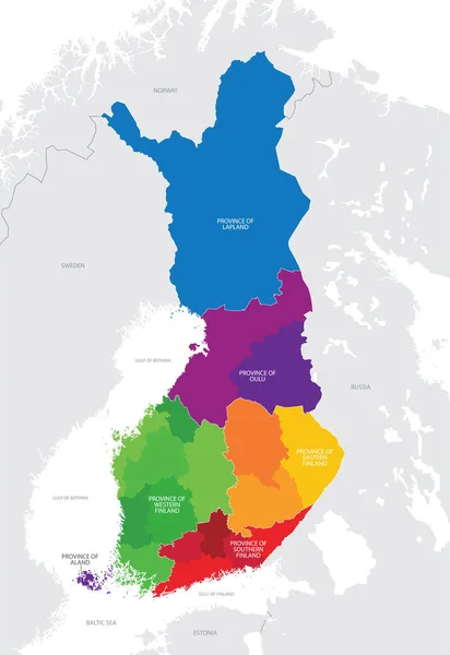 Detailní Vektorová Ilustrační Mapa Regionů Finska Názvy Umístěním Země Evropě — Stockový vektor