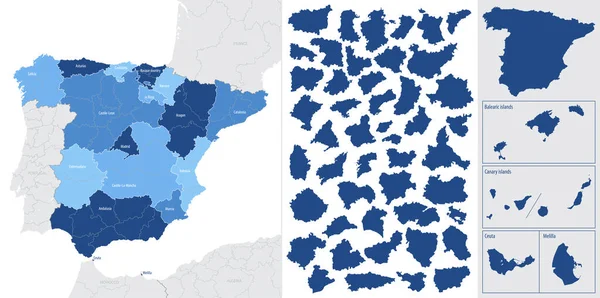 Blaue Karte Von Spanien Und Den Inseln Mit Administrativen Einteilungen — Stockvektor