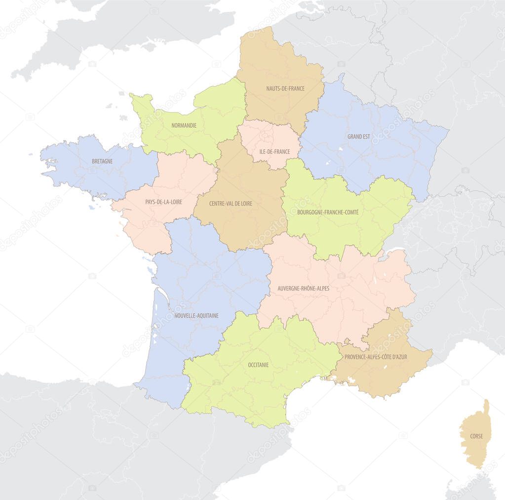 Detailed map position of France in Europe, administrative division into regions and departments