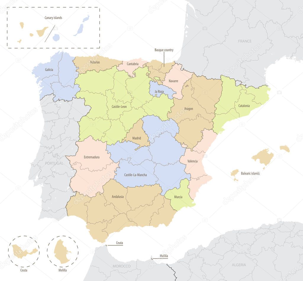 Detailed vector map of Spain with administrative divisions into autonomous communities and islands, vector illustration with the location of the country in Europe