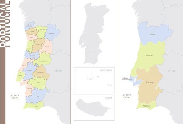 Mapa Ubicación Portugal Europa Con Divisiones Administrativas Del País Continente — Vector de stock