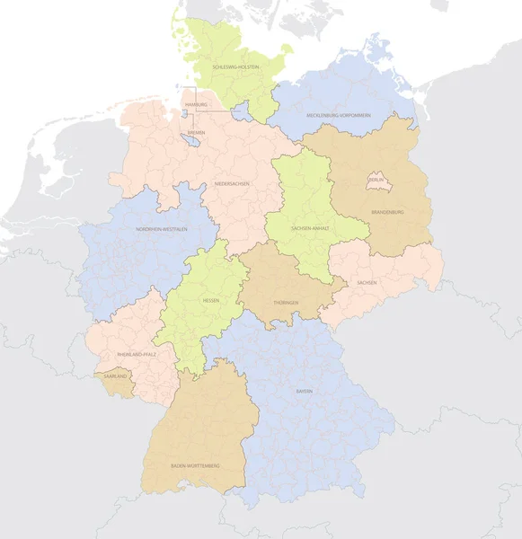 Mapa Ubicación Detallado Alemania Europa Con Divisiones Administrativas Estados Federales — Vector de stock
