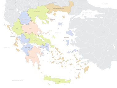 İdari bölümleri ve Avrupa 'daki ülke konumuna sahip Yunanistan haritası, ayrıntılı vektör illüstrasyonu