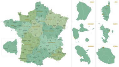 Bölgeler ve departmanlara idari bölümler, ülkenin büyük şehirleri, beyaz arka planda vektör illüstrasyonları bulunan metropolün ve Fransa 'nın deniz aşırı bölgelerinin ayrıntılı haritası