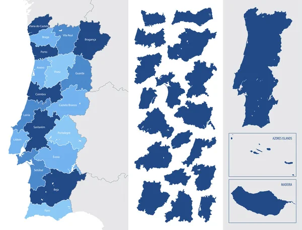 Mapa Azul Detallado Portugal Con Divisiones Administrativas Grandes Ciudades Sobre — Vector de stock