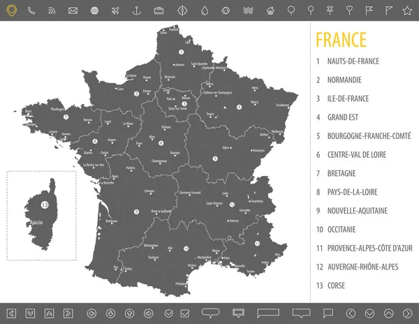 Детальная Монохромная Карта Франции Серая Территория Страны Географическими Границами Административными — стоковый вектор