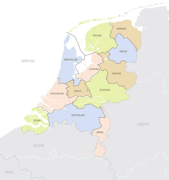 Mapa Localização Detalhado Dos Países Baixos Europa Com Divisões Administrativas — Vetor de Stock