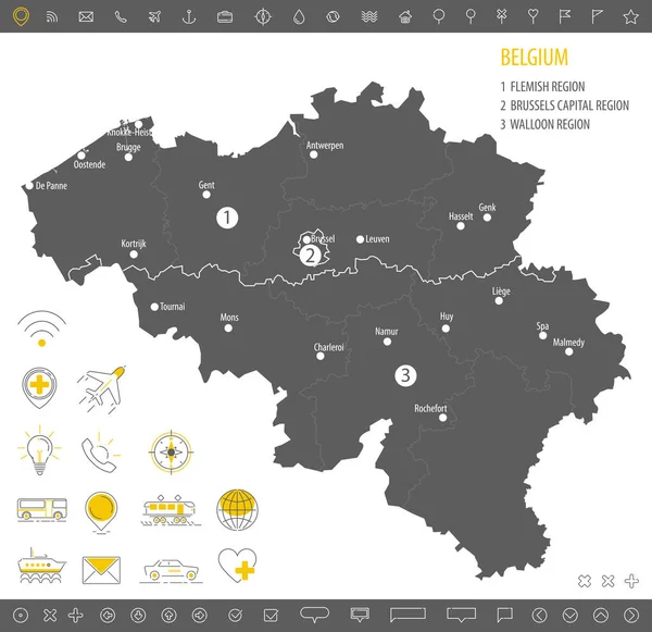 Детальная Монохромная Карта Бельгии Серая Территория Страны Географическими Границами Административными — стоковый вектор
