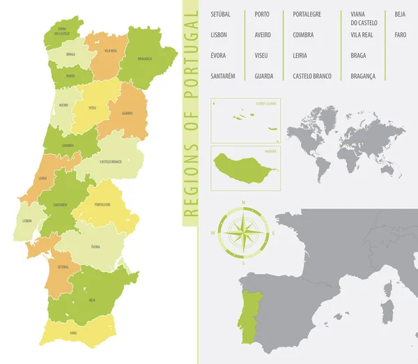 Подробная Карта Административных Делений Португалии Отображающая Страну Расположения Карте Европы — стоковый вектор