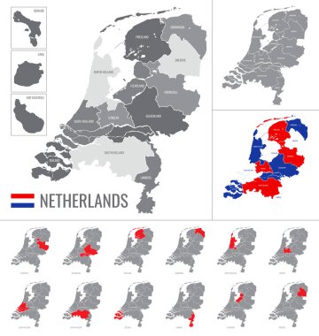 Hollanda 'nın bayraklı bölgelerinin ayrıntılı vektör haritası
