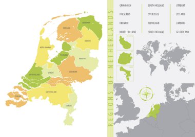 Hollanda 'nın idari bölümleri il ve adalara ayrılan ayrıntılı vektör haritası