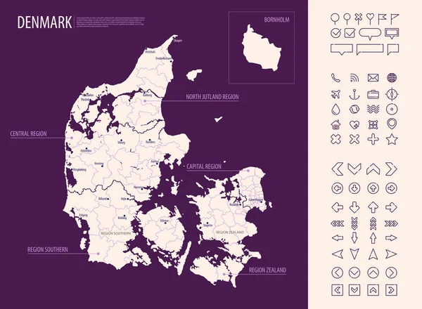 Подробная Карта Дании Административным Делением Тёмном Фоне Набор Больших Городов — стоковый вектор