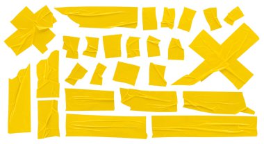 Sarı İskoç bandı, buruşuk çizgiler, beyaz arka planda renkli parlak yapıştırıcılar.