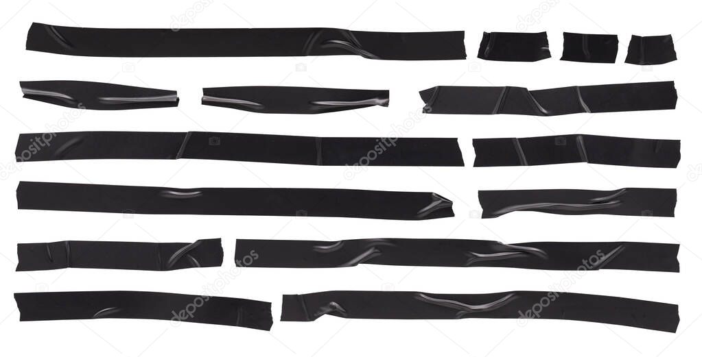 Black electrical tape, set of stripes of torn sticky pieces of different shapes, isolated objects on white background
