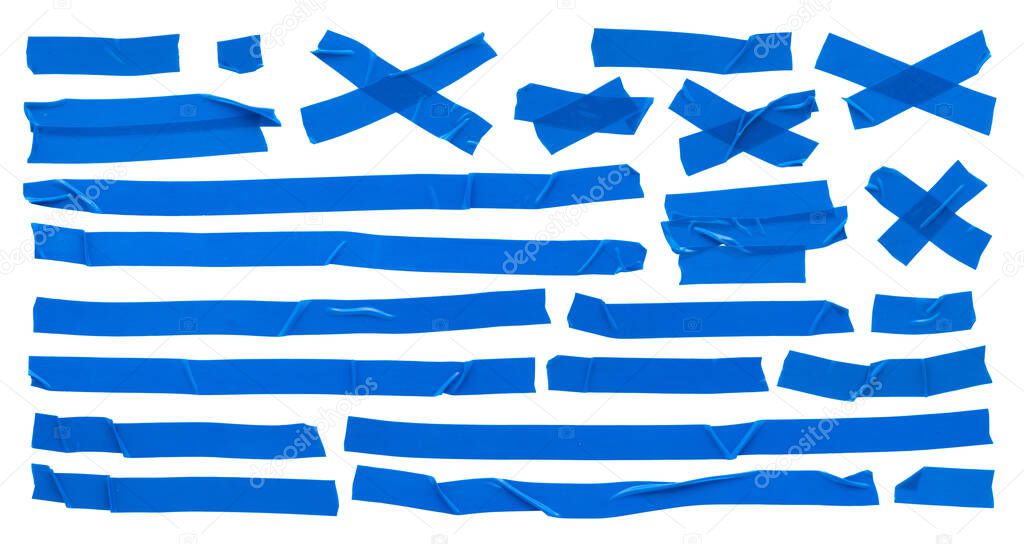 Blue insulating tape, various pieces different shapes of torn tape on white background high resolution