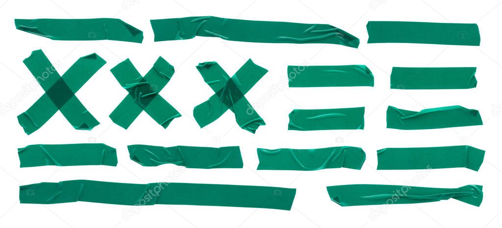 Green insulating tape, set of torn pieces of adhesive tape, stripes and crosses on a white background