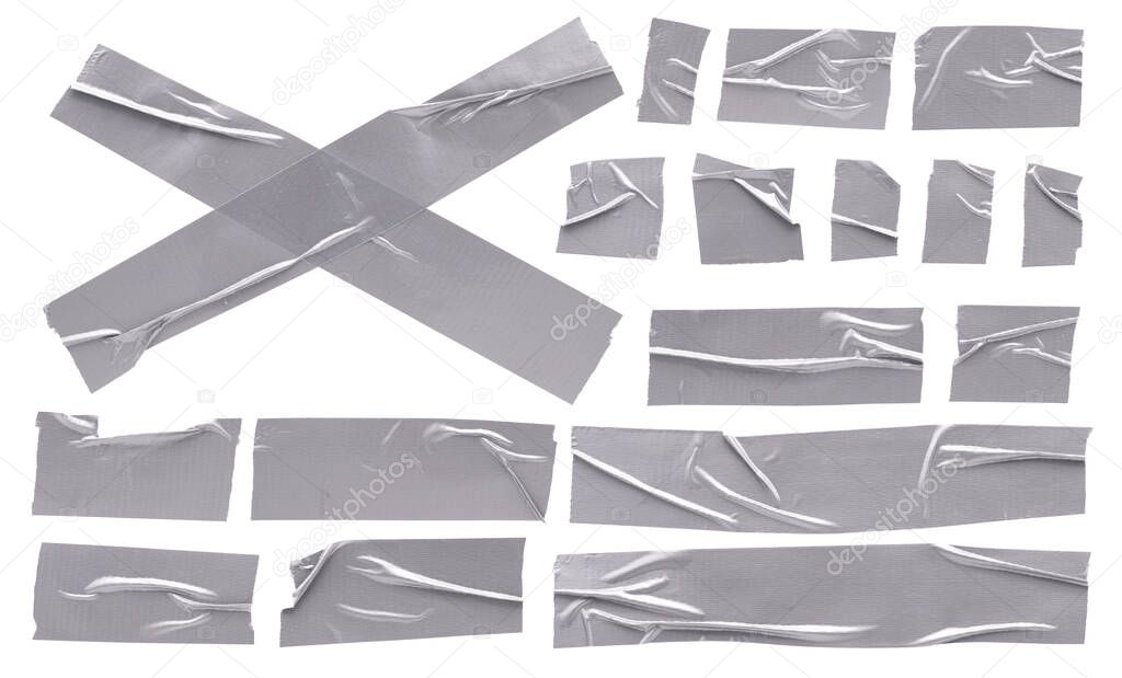 Metallic reinforced tape, set pieces of silver self-adhesive construction tape on white background high resolution