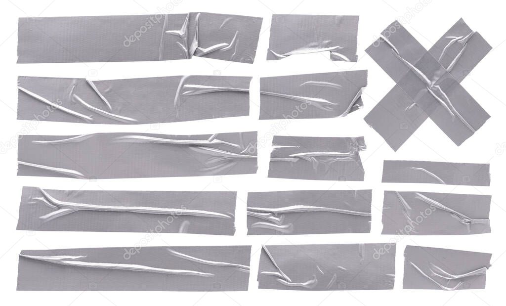 Metallic aluminum reinforced tape, set of silver sticky crumpled torn strips of scotch tape on white background