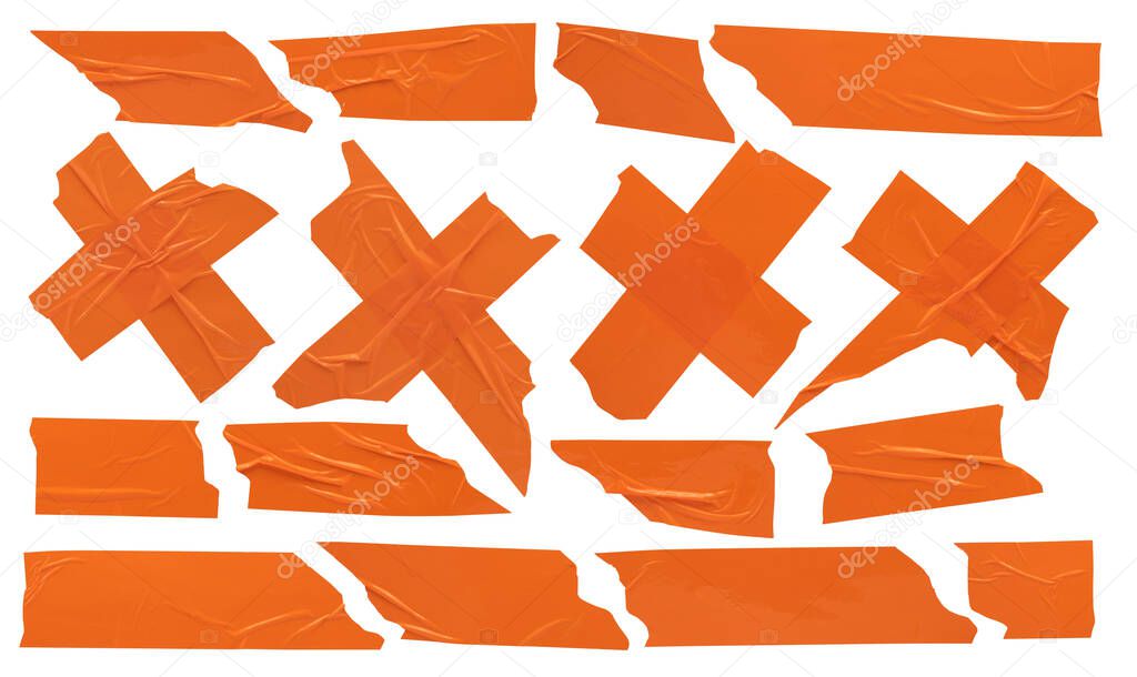 Orange stationery scotch, torn and crumpled sticky tape set, high detail, top view on white background
