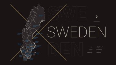 İsveç 'in ayrıntılı haritası, bölünme ve ülke bilgisi, koyu renk seyahat posteri, vektör illüstrasyonu